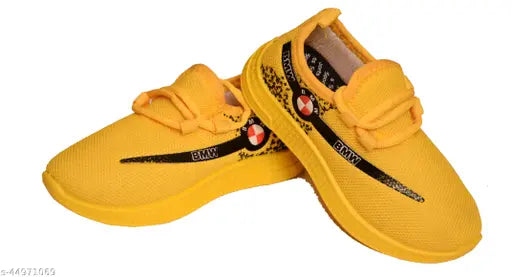 Yellow kids running shoes with blue stripes