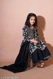 Black rayon kurta sharara set with printed embroidery for child baby girl, three-quarter sleeves, pack of 3 (3-4 years, 7-8 years) Indian traditional clothing on display