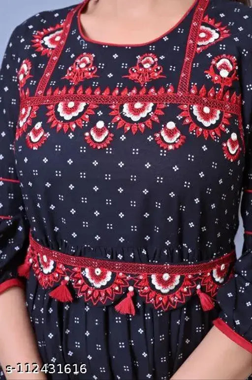 Black cotton empire kurta with embroidered belt, three-quarter sleeves, printed pattern, S (35in bust), M (37in bust), L (39in bust), XL (42in bust), XXL (45in bust). Traditional Indian party wear on mannequin