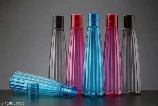 Transparent Ruby ater fridge bottles (6x1L), ideal for kitchen, office, sports, school, traveling & gym. Multi-color leak-proof plastic set with Ruby caps