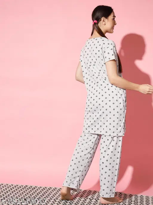 Anixa women's short-sleeve cotton nightdress & pyjama set (Set 2), printed design, free size, Indian origin