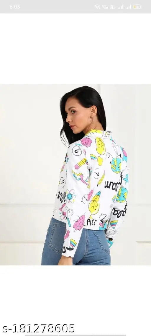 White twill cotton blend jacket, long sleeves, cartoon print - trendy, stylish clothing from India
