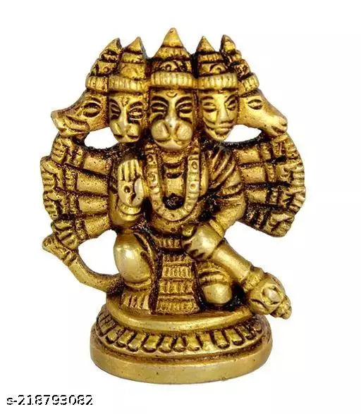 Brass statue of Panchmukhi Hanuman, depicting Lord Hanuman in five forms, with a halo at the top. The idol is standing and has a prayer beads garland, set against a plain background