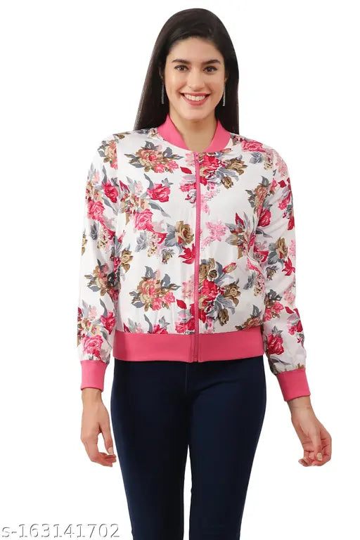 NUEVOSDAMAS women's long-sleeve floral print crepe jacket, ribbed highneck, two inseam pockets, poly knit lining