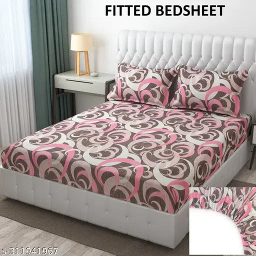 Cotton glace fitted elastic double bedsheet with geometric pattern & 2 pillow covers, perfect for summer adult use
