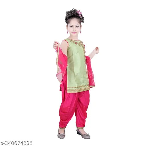 Dupion silk kurta set for kids girls, checked pattern with dupatta, suitable for all seasons