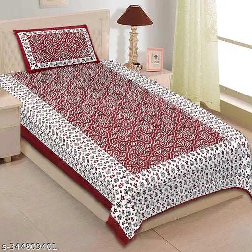Red and white cotton Jaipuri printed single bed sheet with pillow cover.