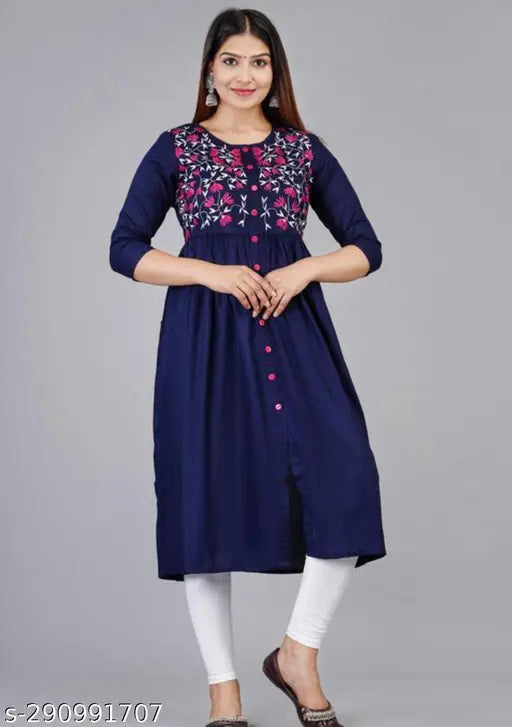 Rayon Anarkali floral kurti, single solid combo, 3/4 sleeves, Indian craftsmanship