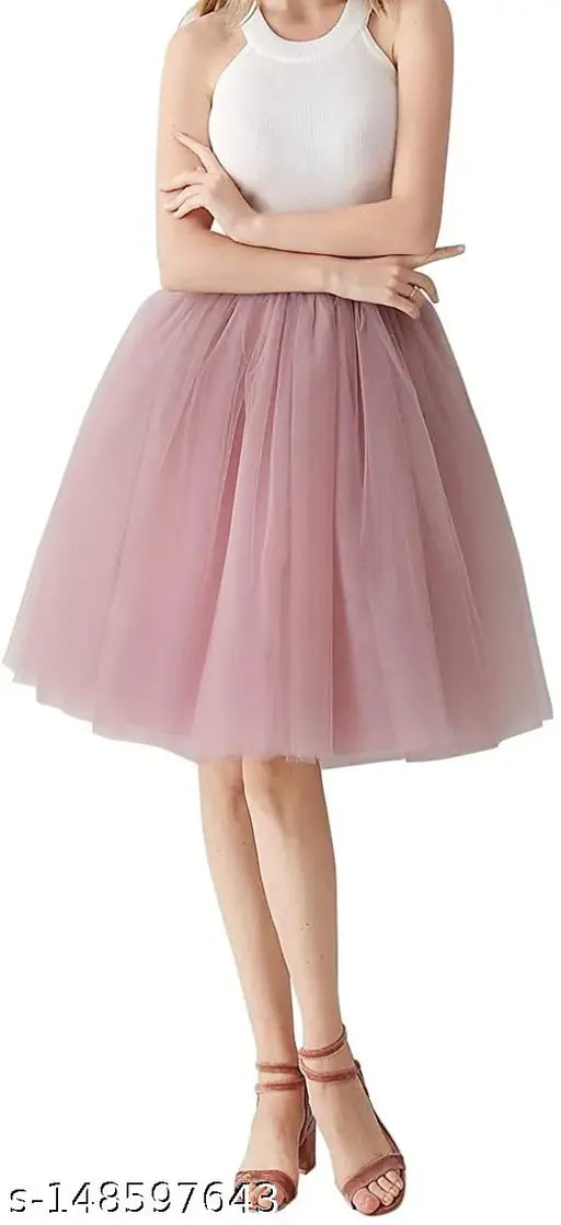 Pink tulle midi skirt with ruffled hem