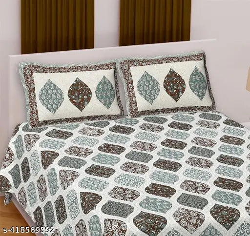 100 Cotton Jaipuri Printed Bedsheet - Dark Teal & Brown, King Size Bedding Set
