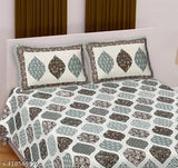 100 Cotton Jaipuri Printed Bedsheet - Dark Teal & Brown, King Size Bedding Set