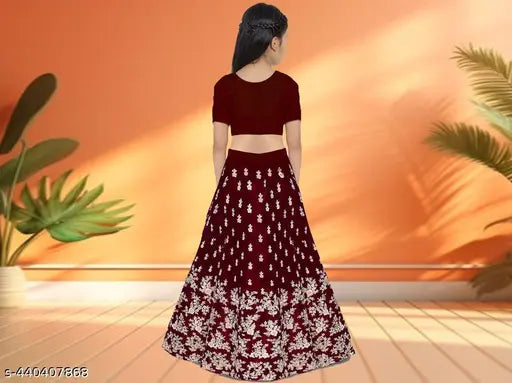 Embellished satin Lehanga Choli set for kids in net, short sleeves, various sizes from 0-3 months to 14-15 years, Indian origin