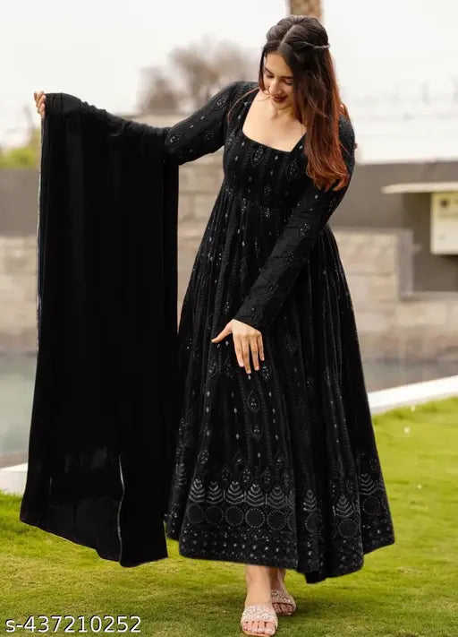 Georgette embroidered anarkali gown with dupatta, traditional Indian fashion for women (S-50", "M-51", "L-52", "XL-52", "XXL-53 inches)