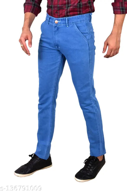 Skyblue denim, men's slim fit stretchable jeans - high quality, pre-washed for best fit, suitable for both casual and formal occasions. Available sizes: 28, 30, 32, 34, 36, 38, 40 (inches). Made in India