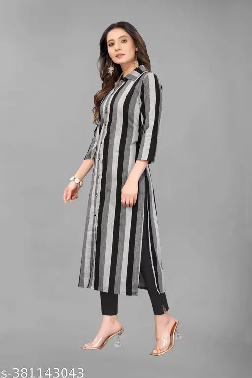 Trendy striped cotton blend kurta pant & dupatta set for daily wear and casual occasions