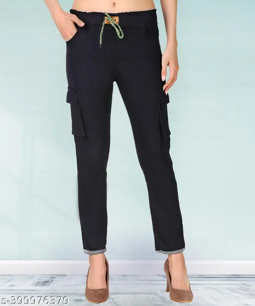 Black stretchable premium denim cargo jogger pants, high-waist, women's jeans, cargo pockets, ankle-length, for women, top, low, and mid waist