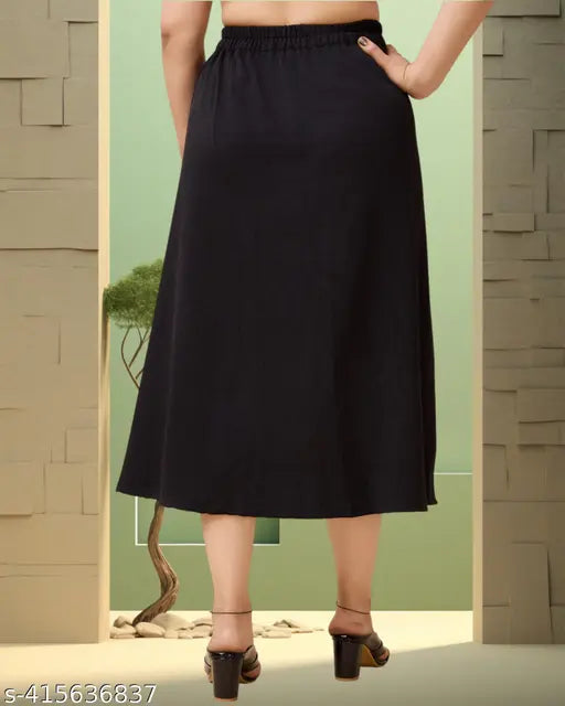 Imported black cotton blend midi length women's skirt, solid pattern for stylish daywear