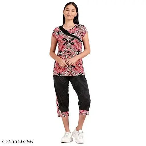 Cotton nightsuit set, women's top & pyjama in off-white and navy with floral print