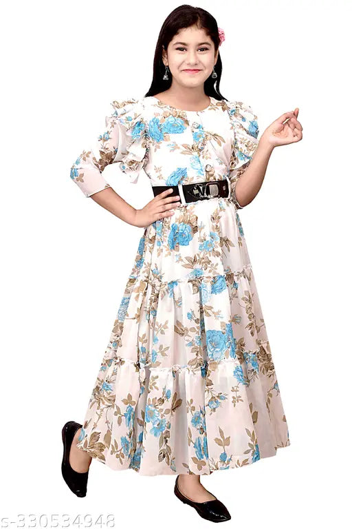 Blue Floral Printed Designer Ethnic Gown for Girls (Cotton Blend), three-quarter sleeves, perfect everyday wear