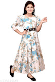 Blue Floral Printed Designer Ethnic Gown for Girls (Cotton Blend), three-quarter sleeves, perfect everyday wear