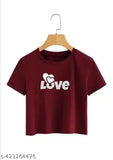 Pink Lycra crop top with 'Love' print for women and girls, short sleeves, India