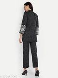 Black velvet embroidery night suit/coord set, women's wool pyjamas with high-low V neck tunic and pants, printed design for winter wear in various sizes S-XL, origin India
