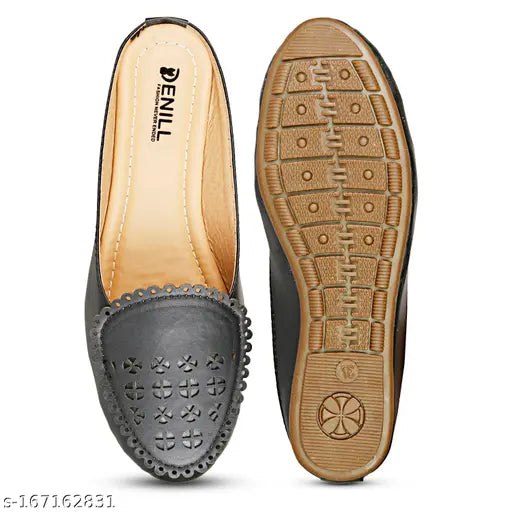 Synthetic leather BB64Black ballerina slip-ons, solid black footwear on display stand, India origin