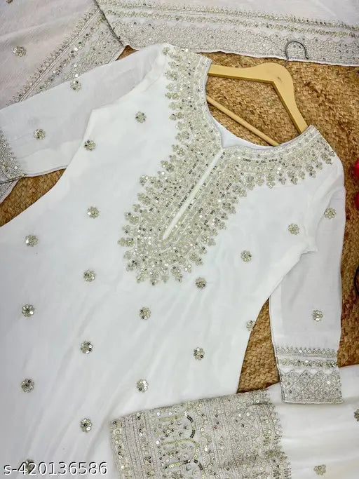 White and silver embroidered kurta and dupatta set, traditional long sleeve design