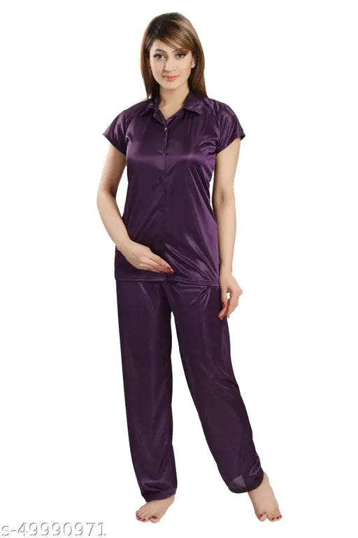 Satin women's nightsuit set, free size, solid design, super soft satin fabric from Style Dunes, India