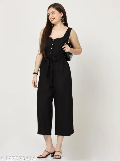 Black cotton blend sleeveless maxi jumpsuit, stylish and comfortable for casual-partywear, suitable for all climates