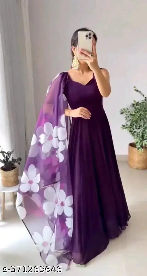 Georgette wine-colored gown with flower dupatta, trendy for parties, weddings, functions