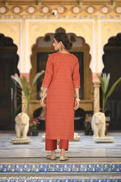 Red printed cotton blend straight kurta with palazzo and dupatta, solid net pattern for women's fashion, India origin