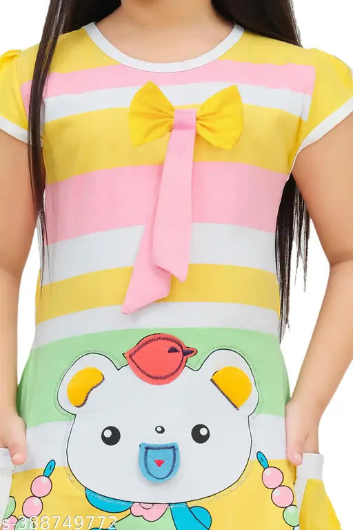 Pink, yellow, and white striped knee length bow tieups dress with cartoon animal print for girls