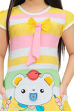 Pink, yellow, and white striped knee length bow tieups dress with cartoon animal print for girls
