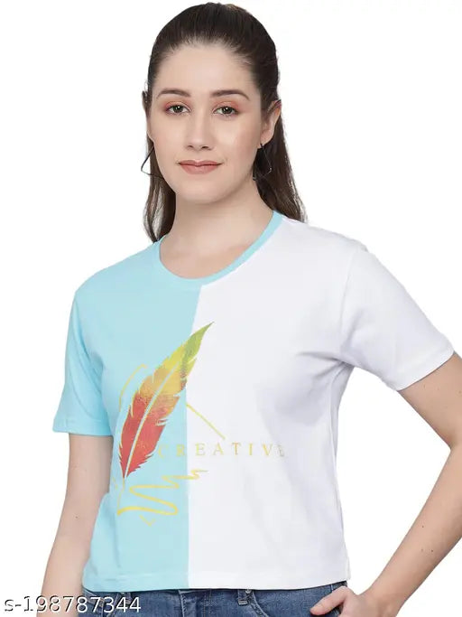 Light sky blue colorblocked cotton t-shirt for ladies with short sleeves and round neck, perfect for everyday wear and suitable for all body types. Made in India