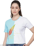 Light sky blue colorblocked cotton t-shirt for ladies with short sleeves and round neck, perfect for everyday wear and suitable for all body types. Made in India