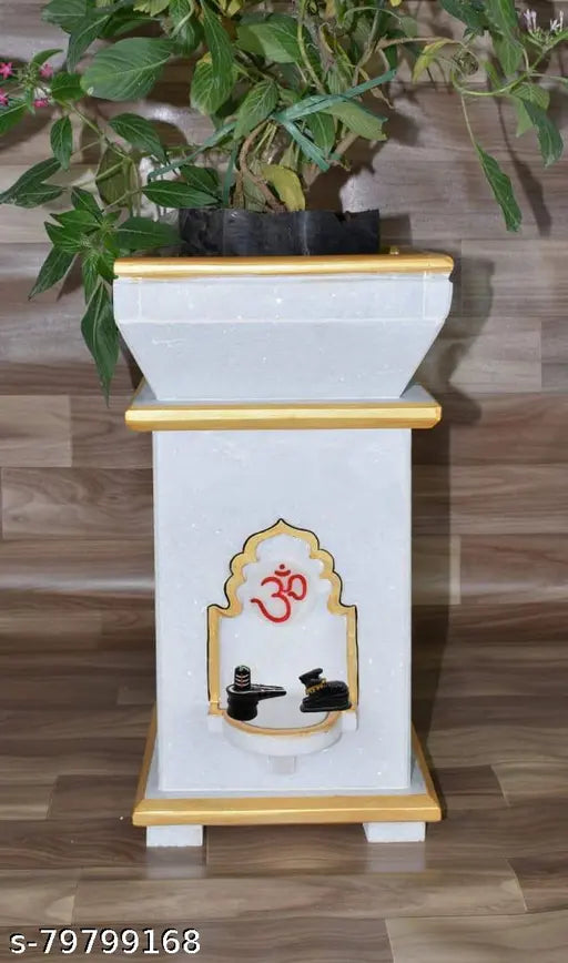 White shivling pedestal with Nandi carving, wooden, decorative home décor.