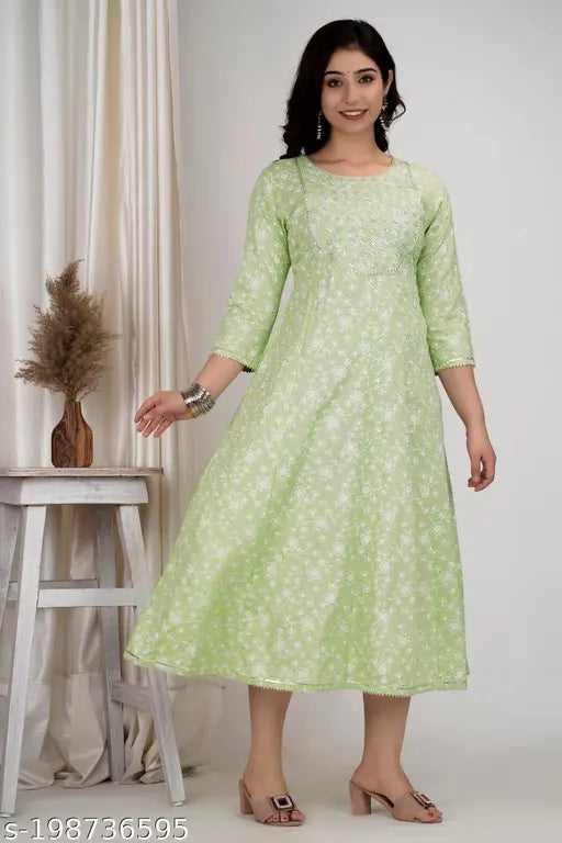 Rayon Pista color Anarkali style kurti with three-quarter sleeves and chamaki print, featuring zari embroidery and pani color gota. Beautiful new design for women and girls." (123 characters)