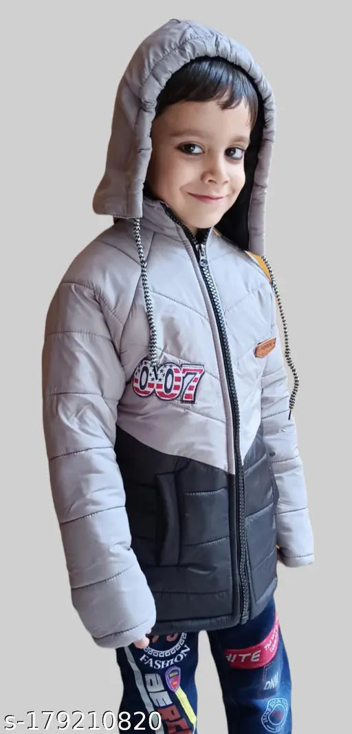 Funky boys jacket with gray hood and red lettering, black zip closure, children's size 6-7