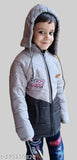 Funky boys jacket with gray hood and red lettering, black zip closure, children's size 6-7