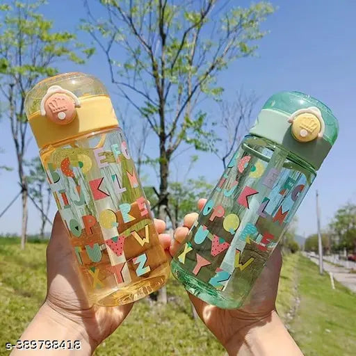 Multicolor ABCD-themed plastic sipper water bottle (450ml), push-button with straw, leak-proof, suitable for kids, learning aid