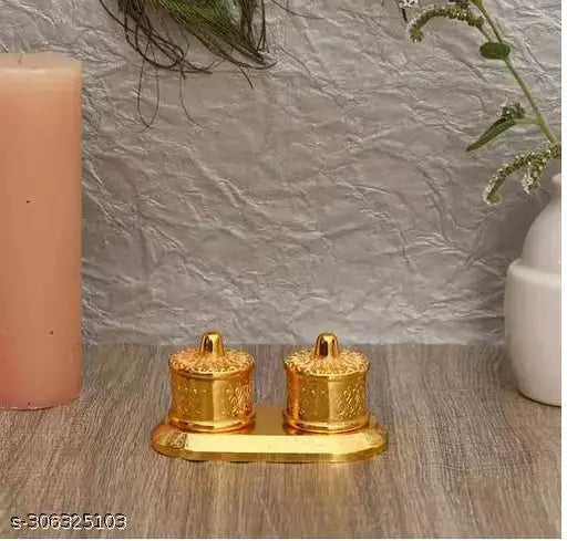 Gold metal kumkum holder, decorative Indian idol for pooja and gifting, 10cm x 10cm x 10cm