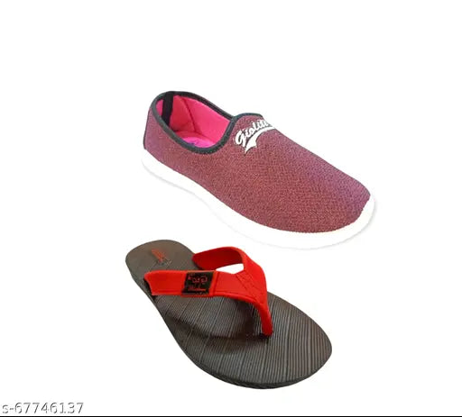 Maroon mesh casual shoes & black slipper combo (2 pack), lightweight & foot-friendly women's shoes for everyday wear, India origin
