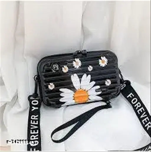 Valerie Black Sliding Strap Sling Bag with Floral Box Design, detachable shoulder strap