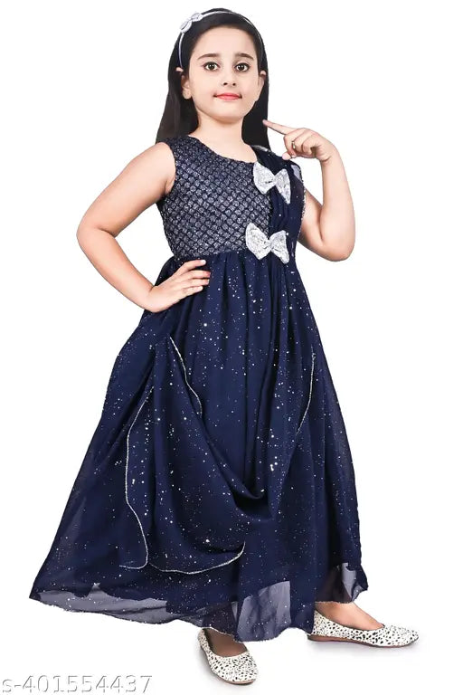 Navy Blue Modern Fancy Girls dress, acrylic sleeveless, embellished net, 2-16 years