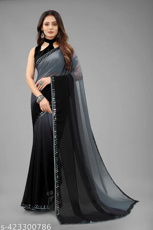 Black georgette sequined saree with blue border and blouse