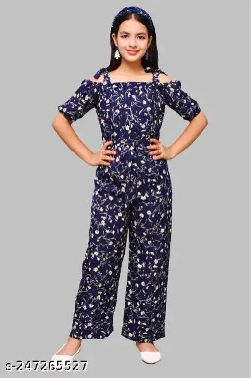 Navy cotton blend printed flower jumpsuit for girls trending fashion, age range 8-13 years
