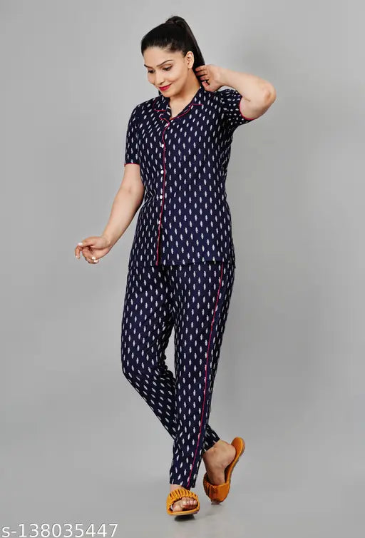 Nevy Blue Rayon Chhoti Print Night Suit - Hand wash with care, printed design, short sleeves, S (Bust 36in, Waist 34in, Hip 38in), Made in India