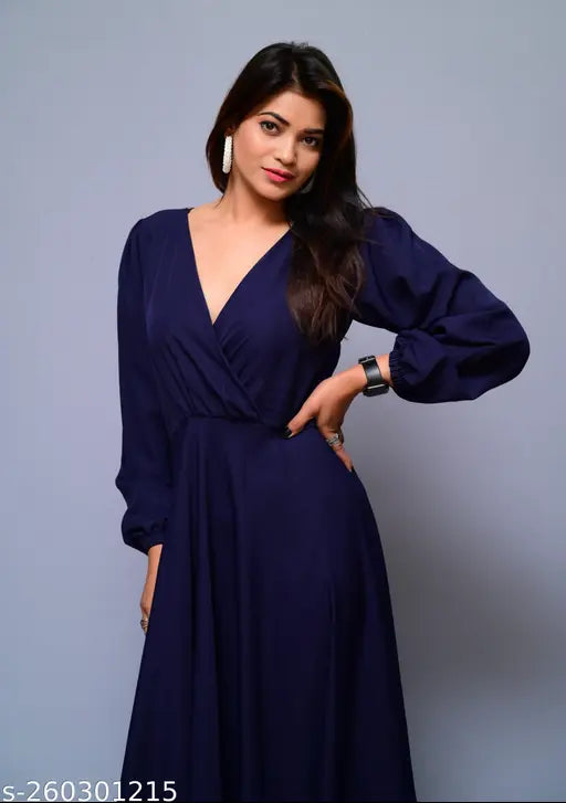 DIYAZ party wear crepe cross gown, solid-colored long sleeve formal dress for women, Indian handcrafted fashion on mannequin