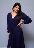 DIYAZ party wear crepe cross gown, solid-colored long sleeve formal dress for women, Indian handcrafted fashion on mannequin